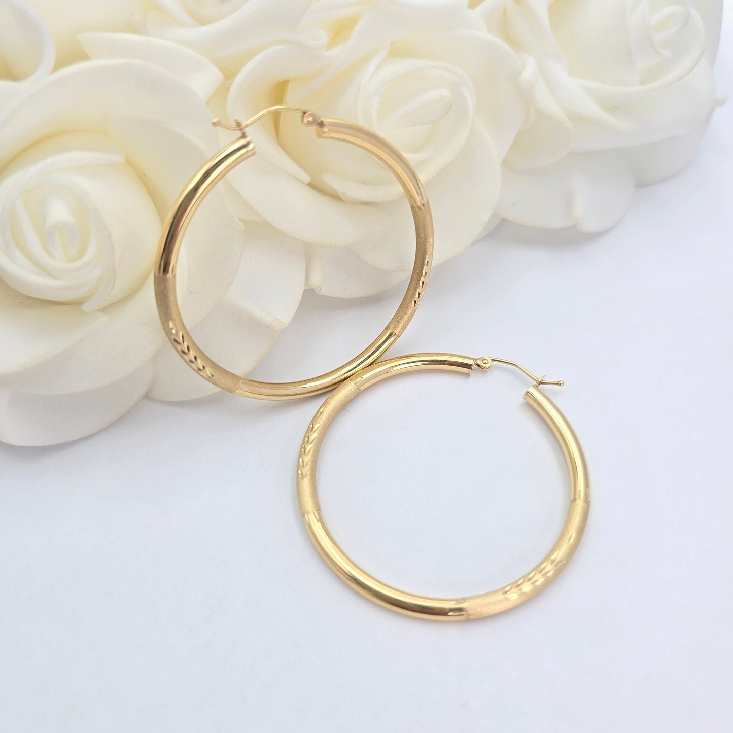 Thick 14K Gold Engraved Hoop Earrings- 45mm - 3mm Thick - Beautiful and Elegant - For Her