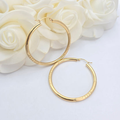 Thick 14K Gold Engraved Hoop Earrings- 45mm - 3mm Thick - Beautiful and Elegant - For Her