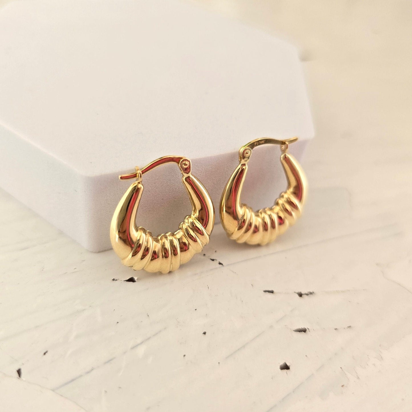 14k Gold Puffed Croissant Hoop Earrings - Shrimp Hoops - 20mm - Perfect For Her - Elegant & Everlasting