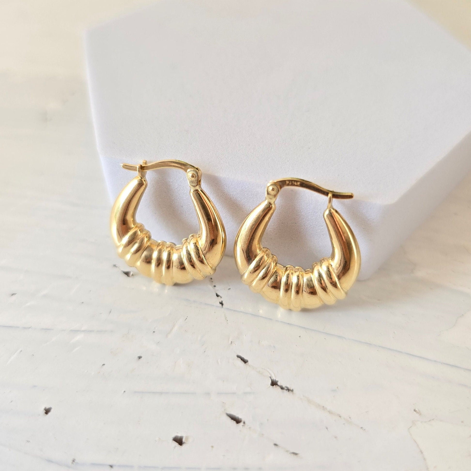 14k Gold Puffed Croissant Hoop Earrings - Shrimp Hoops - 20mm - Perfect For Her - Elegant & Everlasting