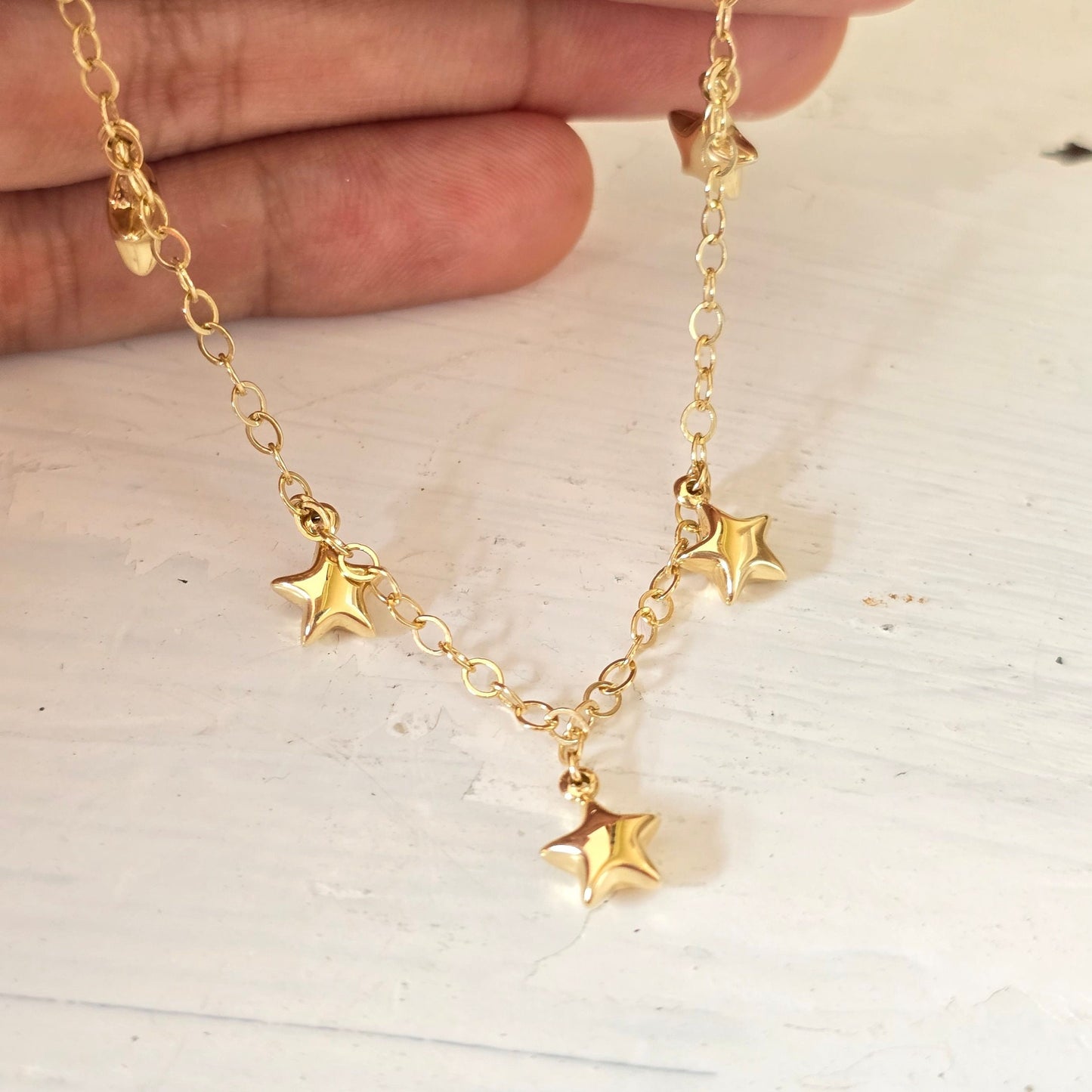 14k Gold Hanging Stars Charms Bracelet - 8" Adjustable - Fine Jewelry - Gift For Her