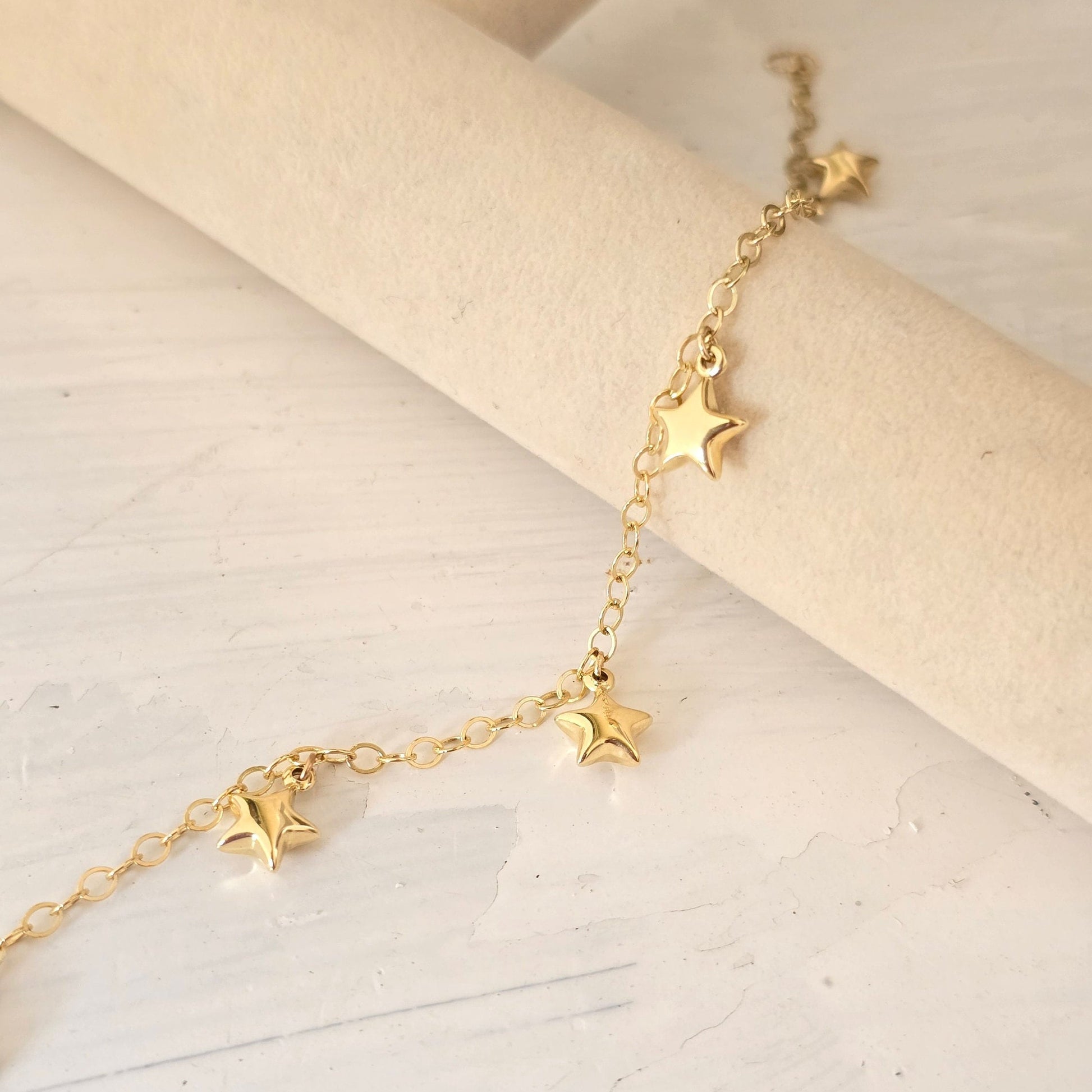 14k Gold Hanging Stars Charms Bracelet - 8" Adjustable - Fine Jewelry - Gift For Her