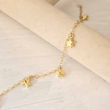 14k Gold Hanging Stars Charms Bracelet - 8" Adjustable - Fine Jewelry - Gift For Her