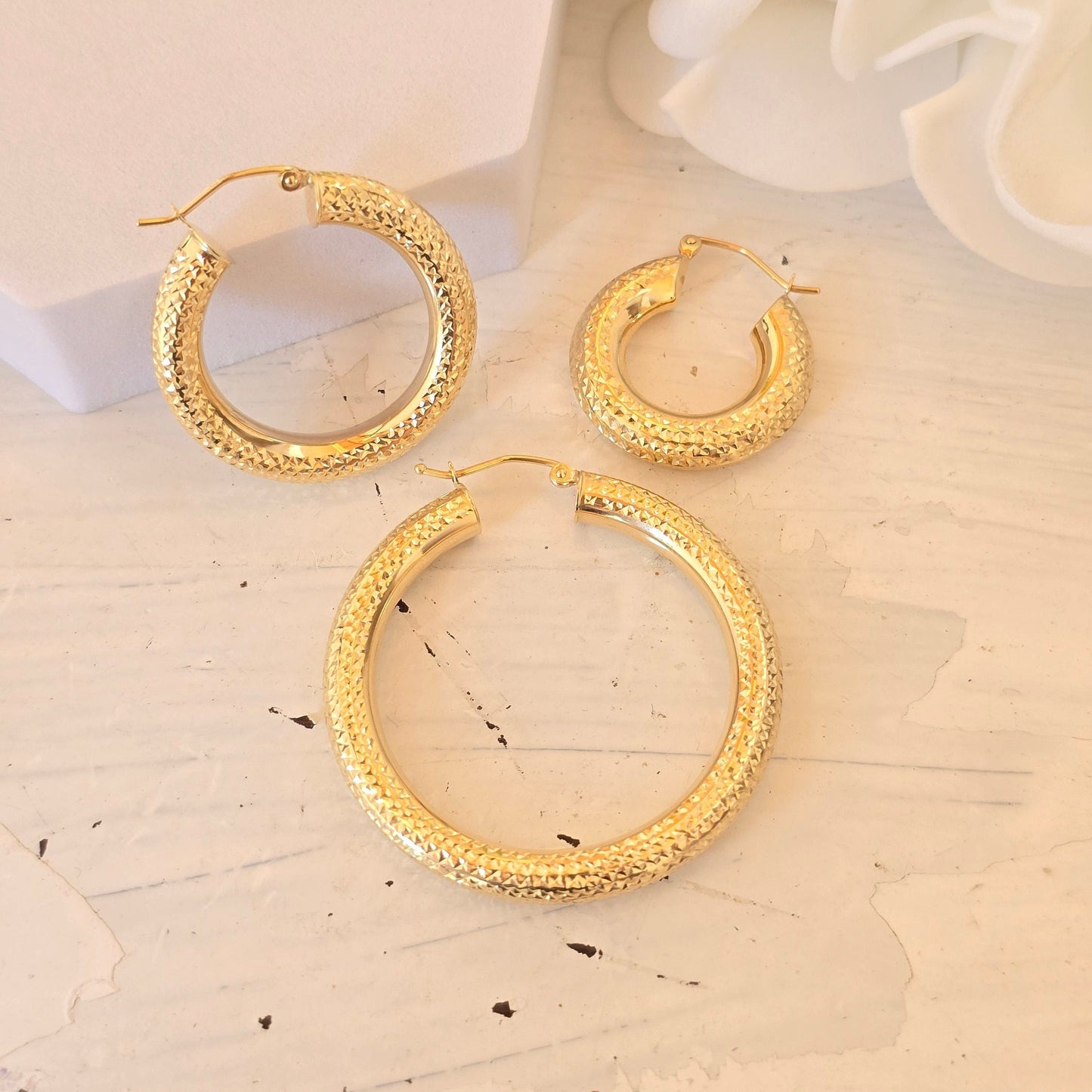 Chunky 14k Gold Fully Diamond Cut 4.8MM Thick Hoop Earrings - 22MM - 29MM - 40MM - - Extra Shiny - Gift For Her