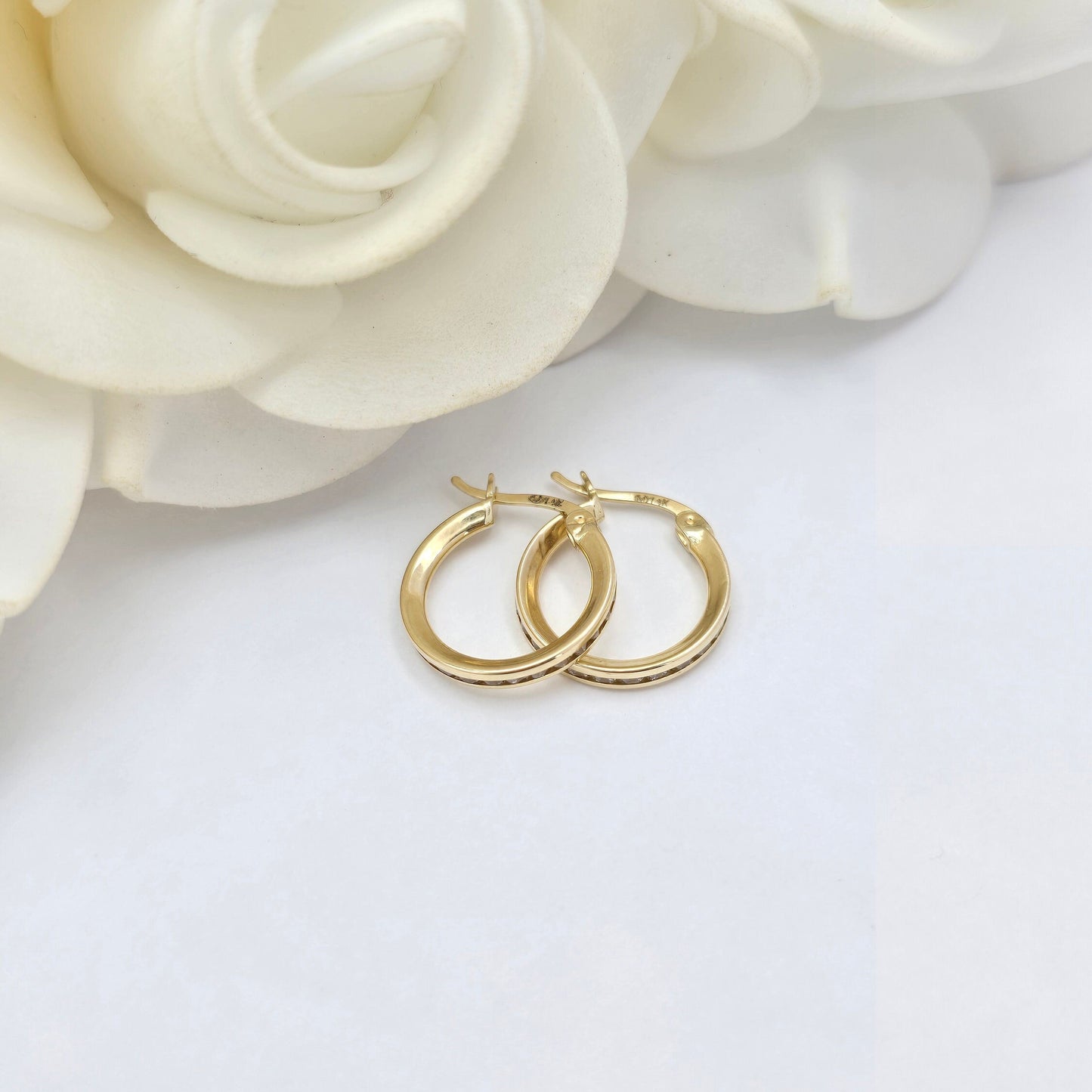 Solid 14k Gold Small Cz Lane Hoops Earrings - 14mm, 2mm Thick - Beautiful Earrings For Her - Perfect For Girls