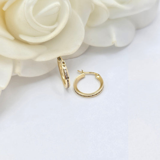 Solid 14k Gold Small Cz Lane Hoops Earrings - 14mm, 2mm Thick - Beautiful Earrings For Her - Perfect For Girls