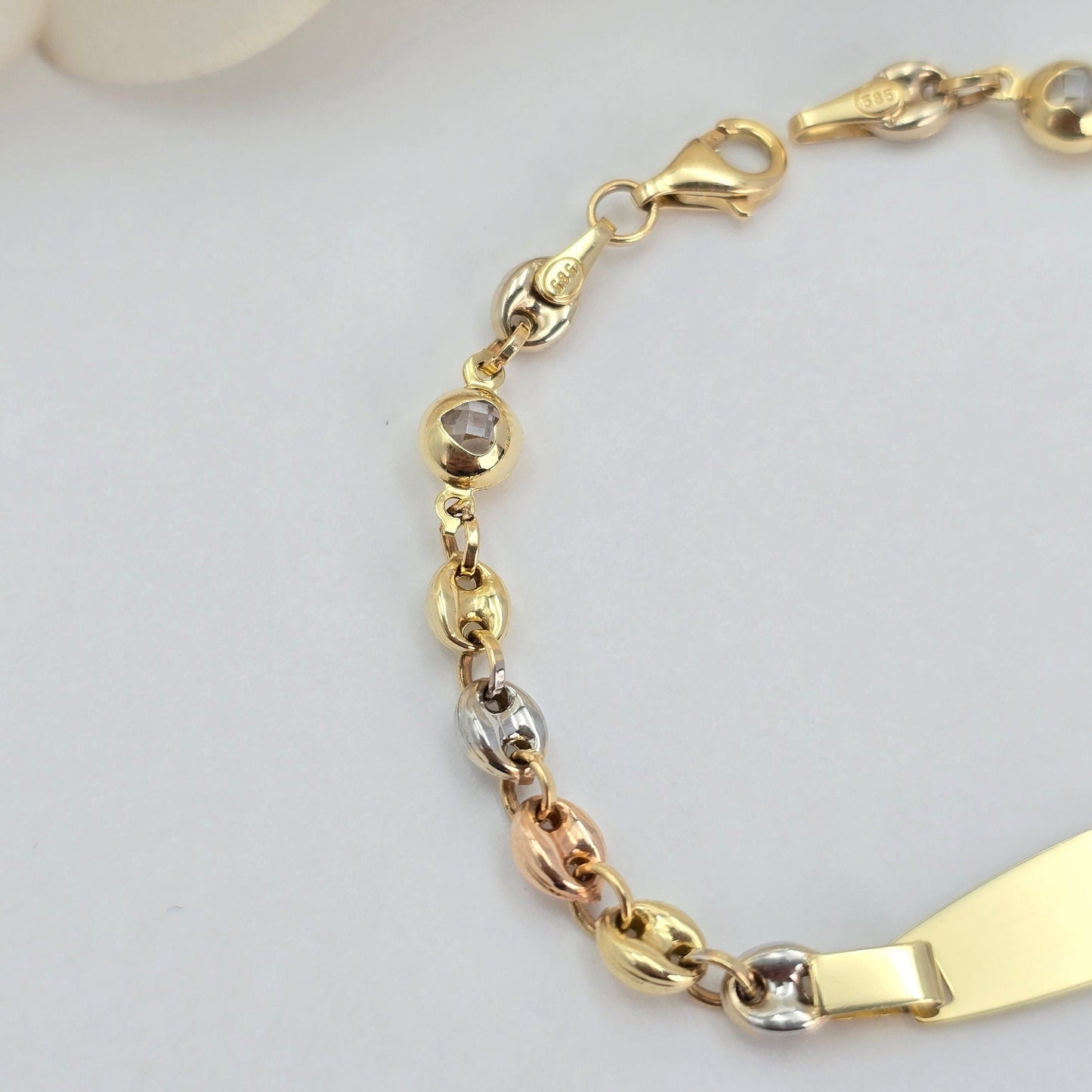 14K Tricolo Gold ID Puffed Mariner Baby Bracelet - 6 Inches - 4.2mm