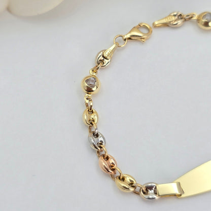 14K Tricolo Gold ID Puffed Mariner Baby Bracelet - 6 Inches - 4.2mm