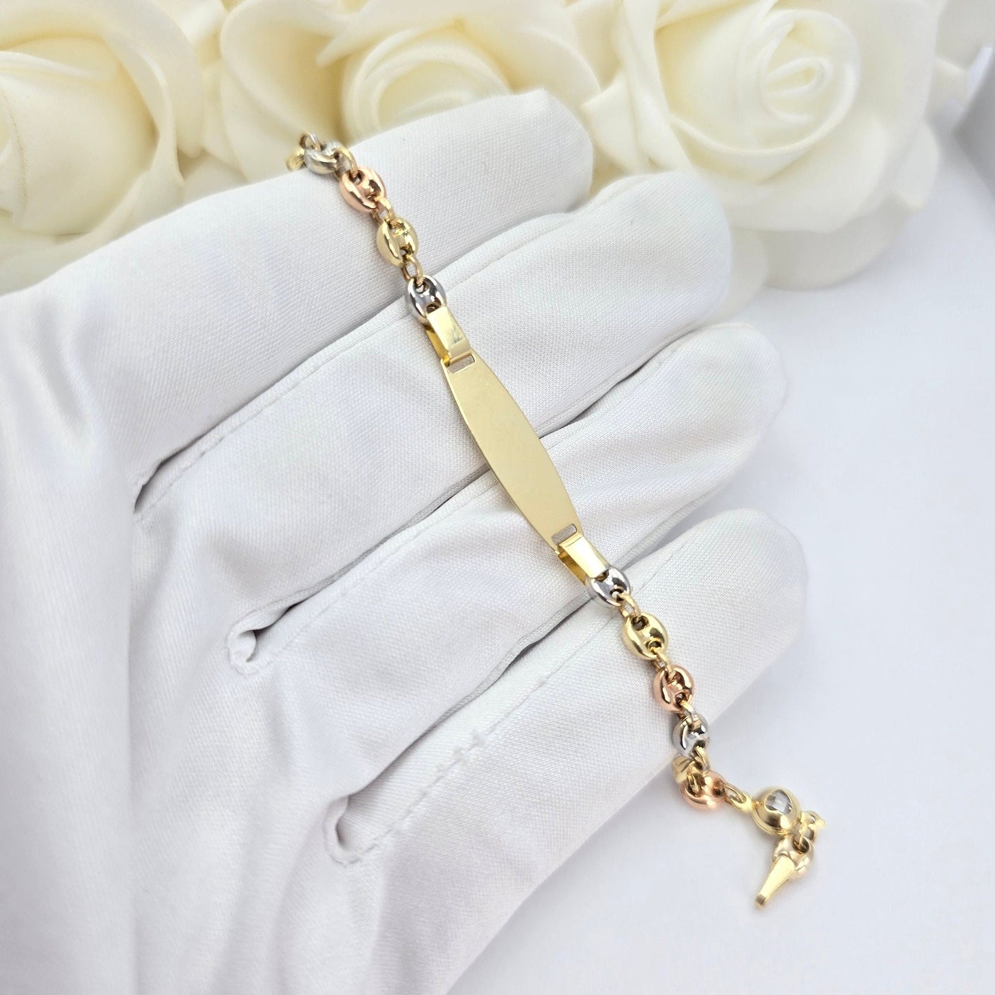 14K Tricolo Gold ID Puffed Mariner Baby Bracelet - 6 Inches - 4.2mm