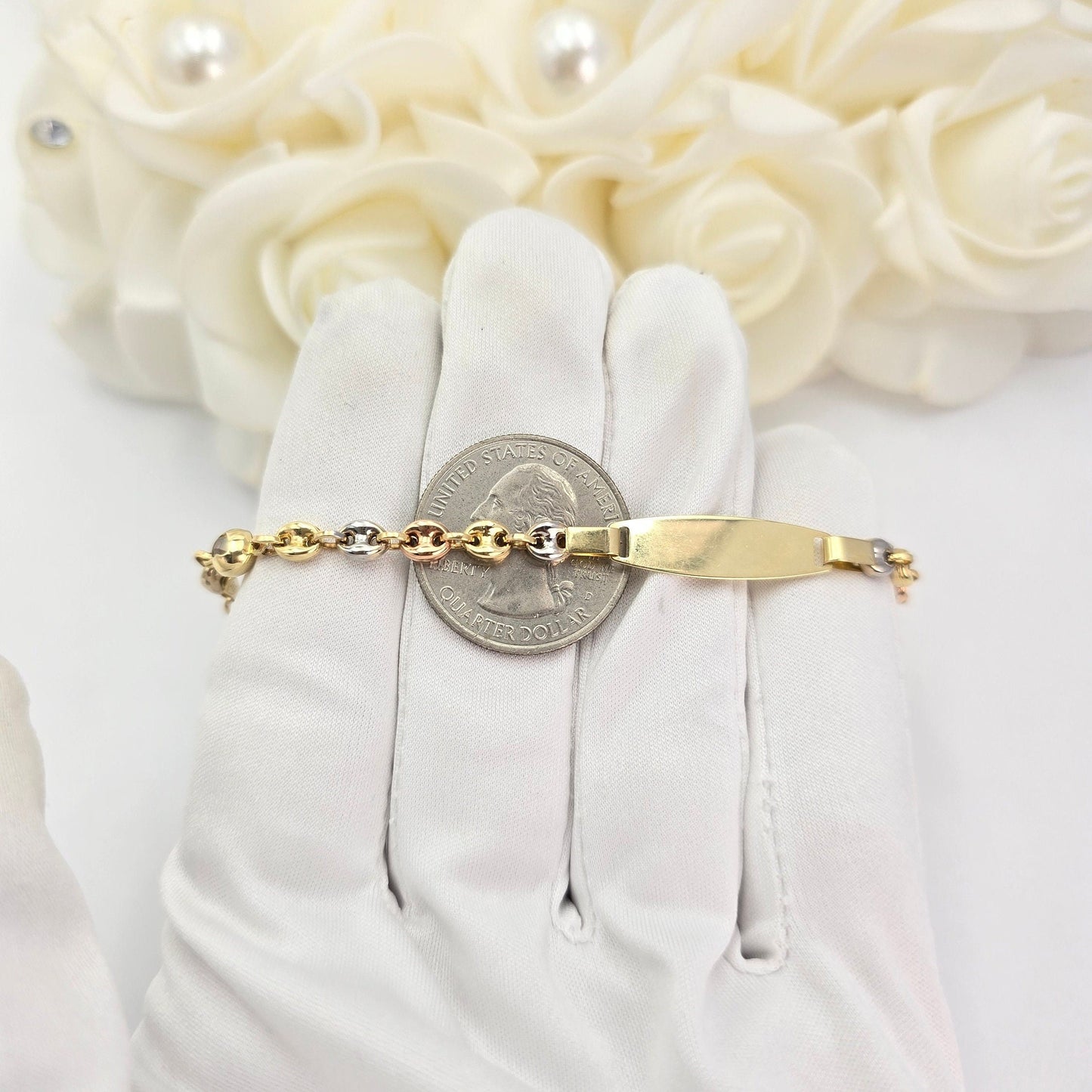 14K Tricolo Gold ID Puffed Mariner Baby Bracelet - 6 Inches - 4.2mm