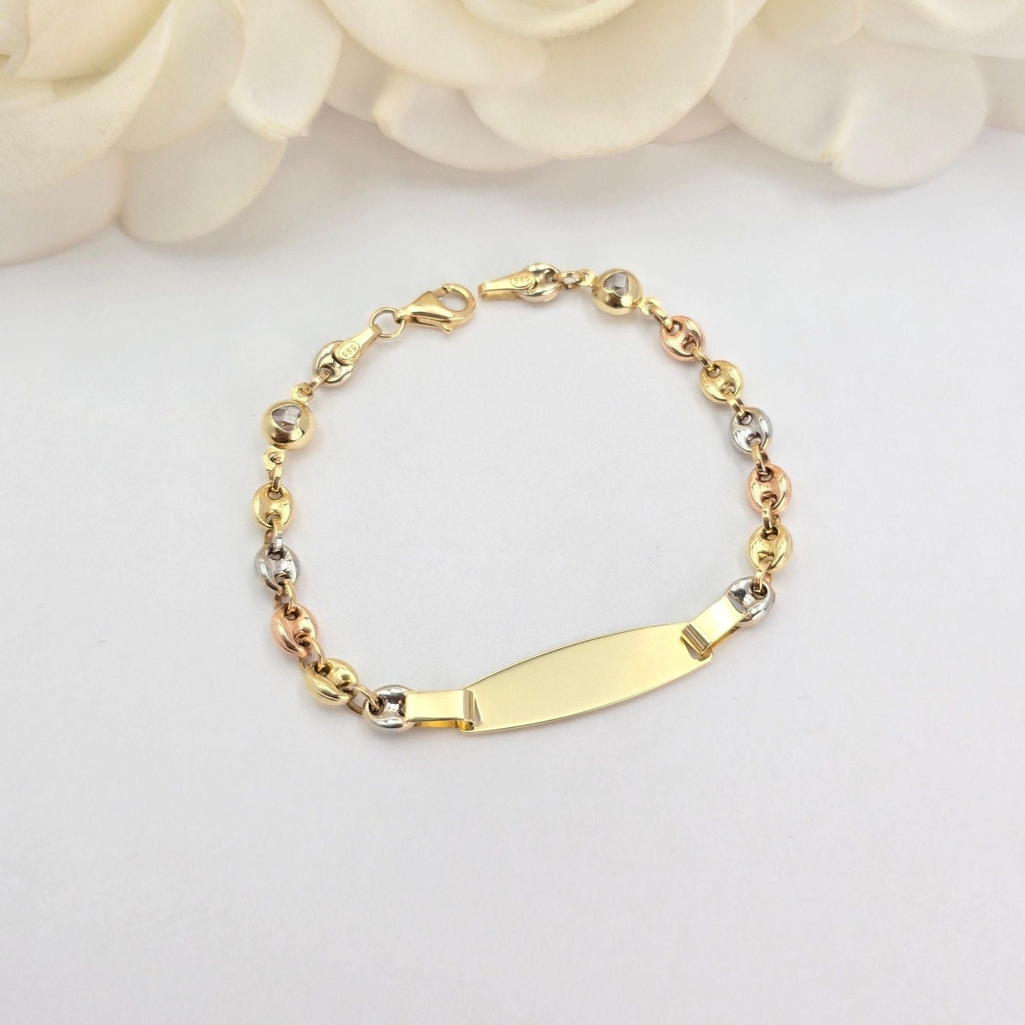 14K Tricolo Gold ID Puffed Mariner Baby Bracelet - 6 Inches - 4.2mm