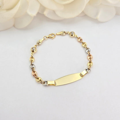 14K Tricolo Gold ID Puffed Mariner Baby Bracelet - 6 Inches - 4.2mm