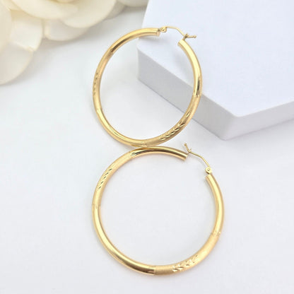 Thick 14K Gold Engraved Hoop Earrings- 45mm - 3mm Thick - Beautiful and Elegant - For Her