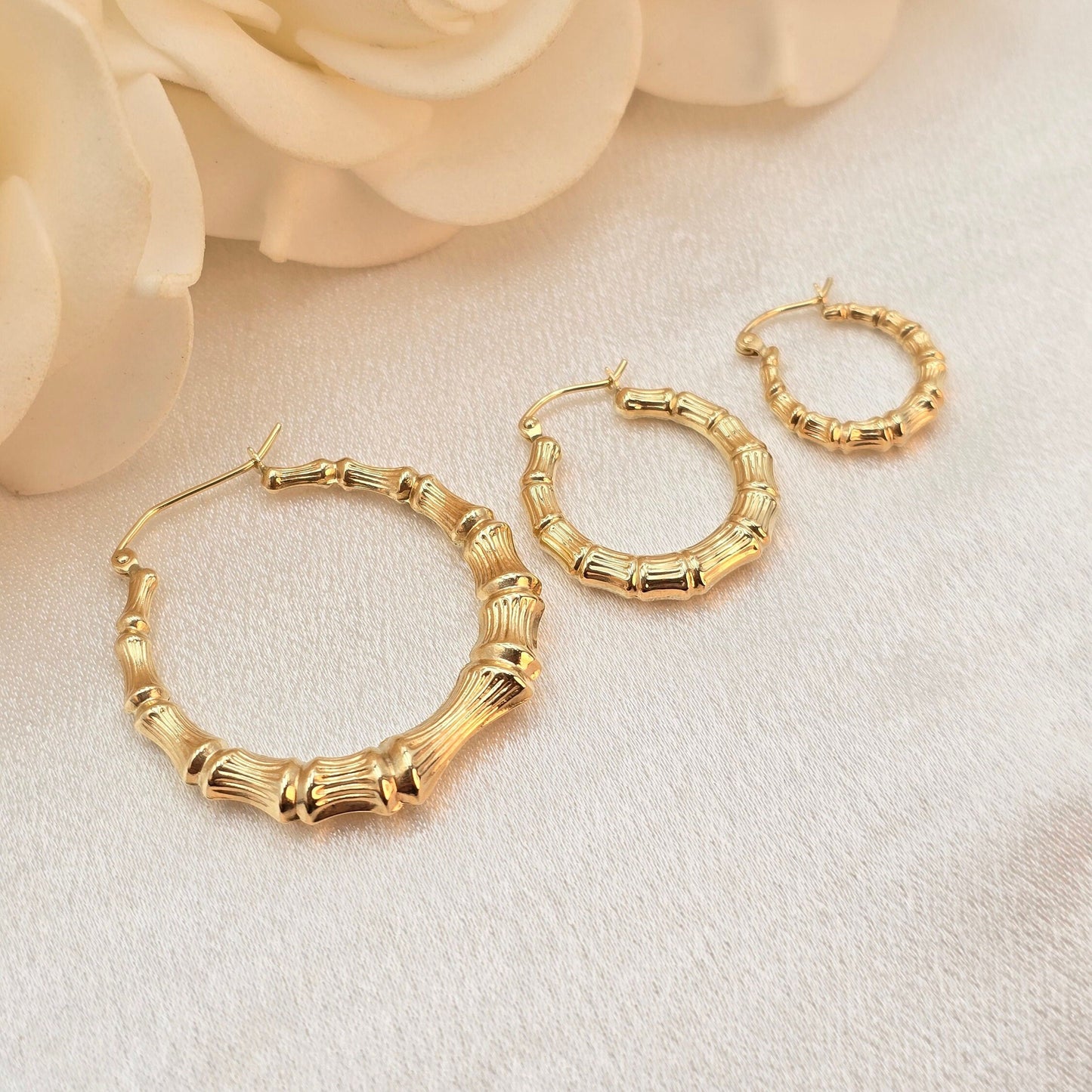 Real 14k Gold Bamboo Hoop Earrings - 16MM, 21MM, 34MM - For Her - Modern Earrings - Fine Jewelry