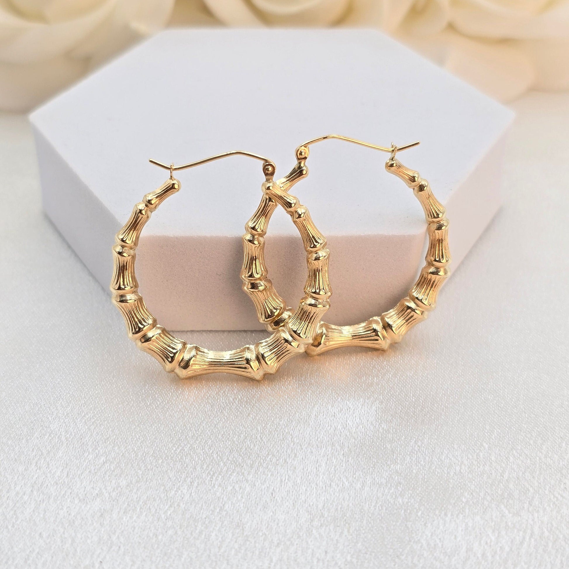 Real 14k Gold Bamboo Hoop Earrings - 16MM, 21MM, 34MM - For Her - Modern Earrings - Fine Jewelry