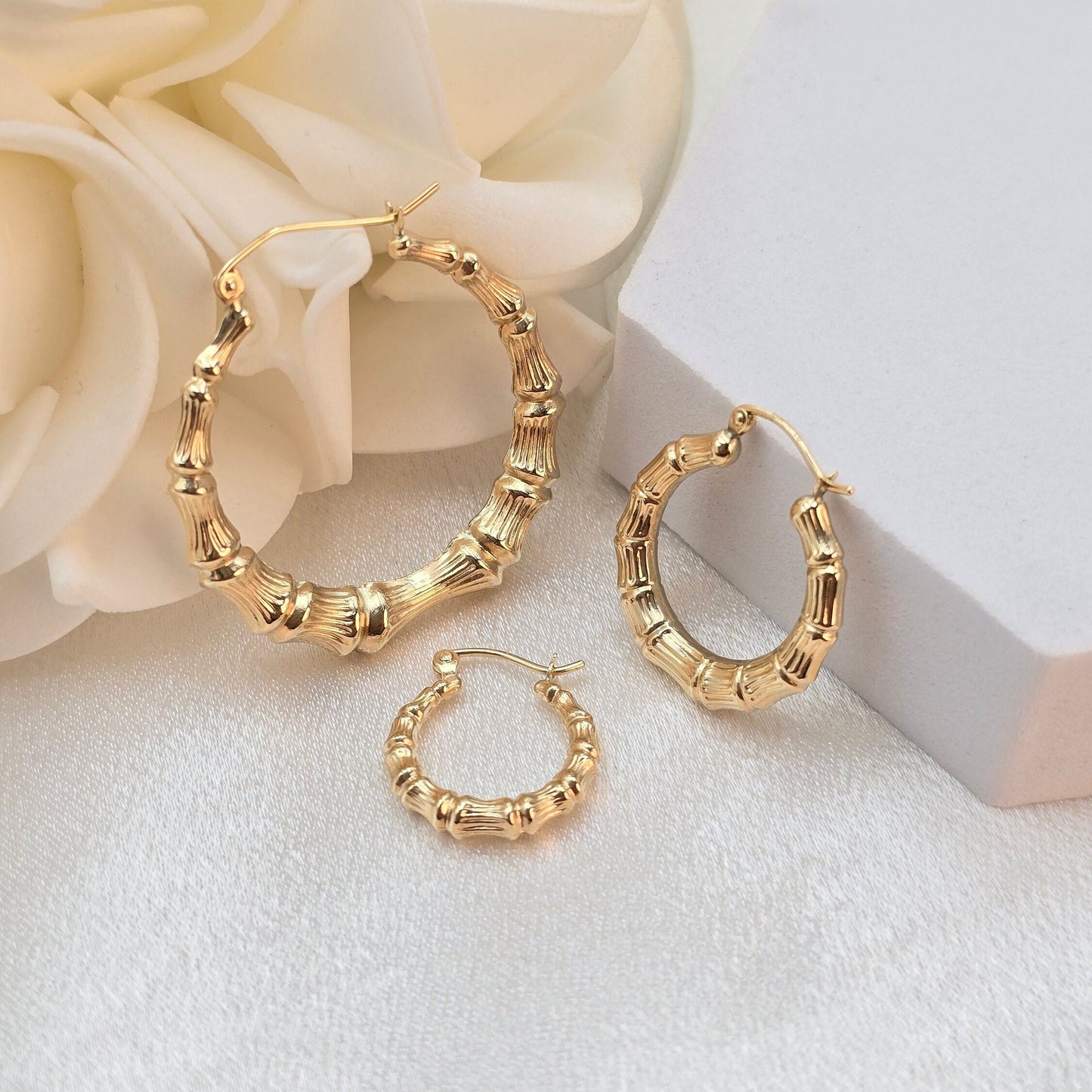 Real 14k Gold Bamboo Hoop Earrings - 16MM, 21MM, 34MM - For Her - Modern Earrings - Fine Jewelry