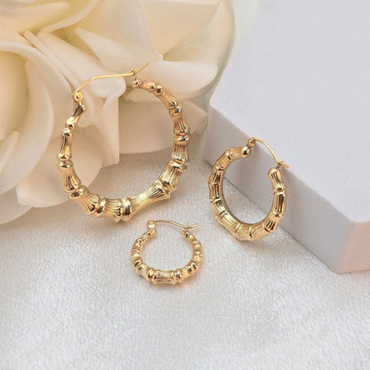 Real 14k Gold Bamboo Hoop Earrings - 16MM, 21MM, 34MM - For Her - Modern Earrings - Fine Jewelry