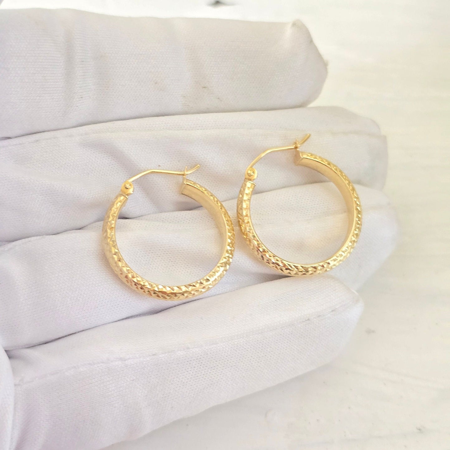 14k Fully Diamond Cut 3.5mm Thick Hoop Earrings - Shiny & Lightweight Hoops For Her - Perfect Gift