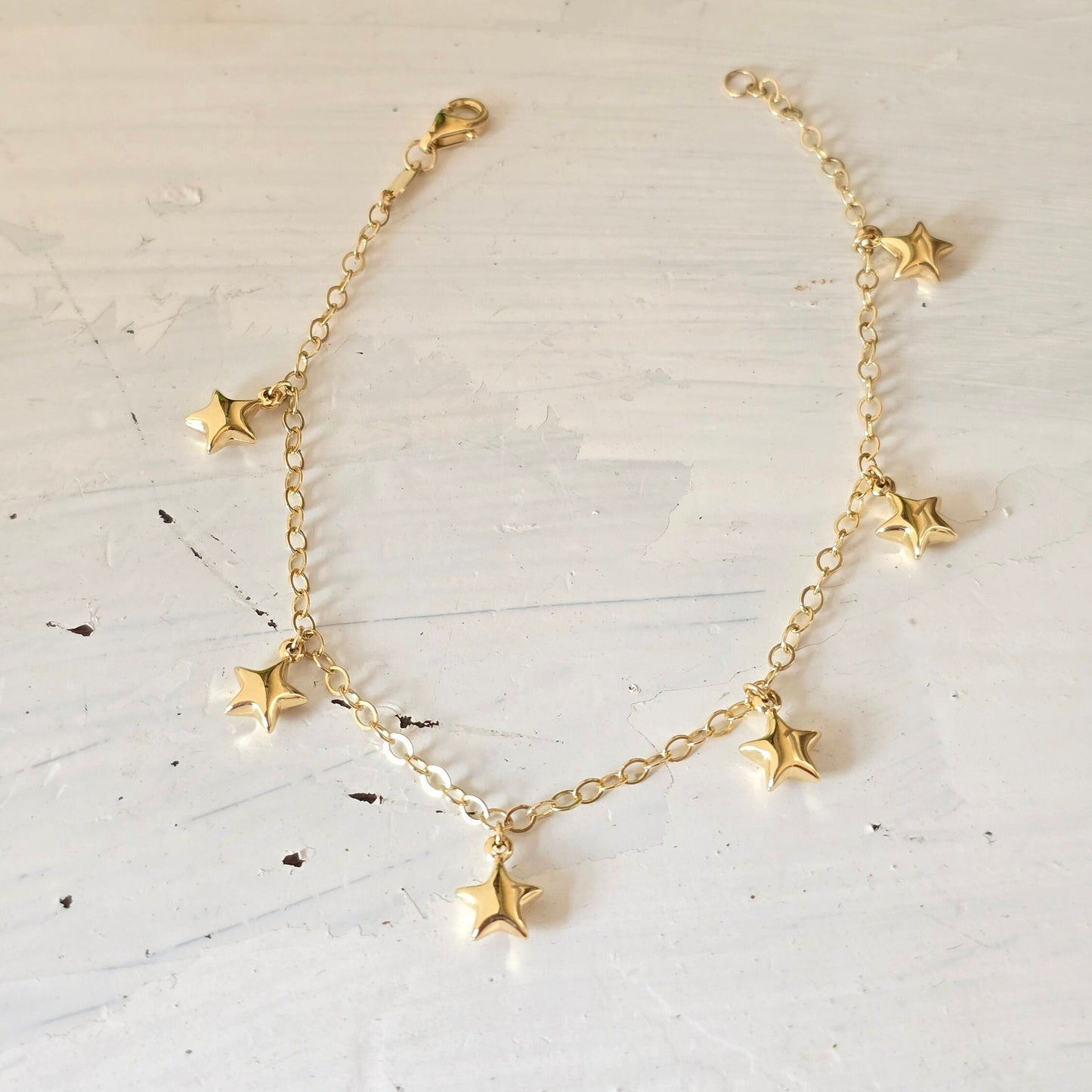 14k Gold Hanging Stars Charms Bracelet - 8" Adjustable - Fine Jewelry - Gift For Her