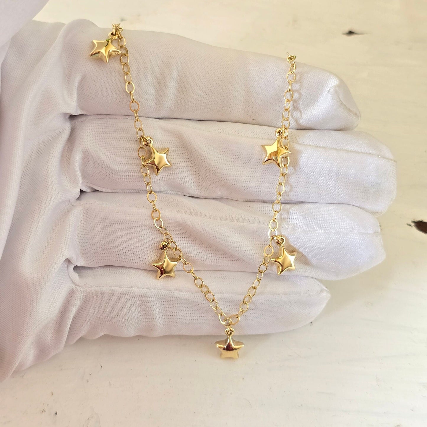 14k Gold Hanging Stars Charms Bracelet - 8" Adjustable - Fine Jewelry - Gift For Her