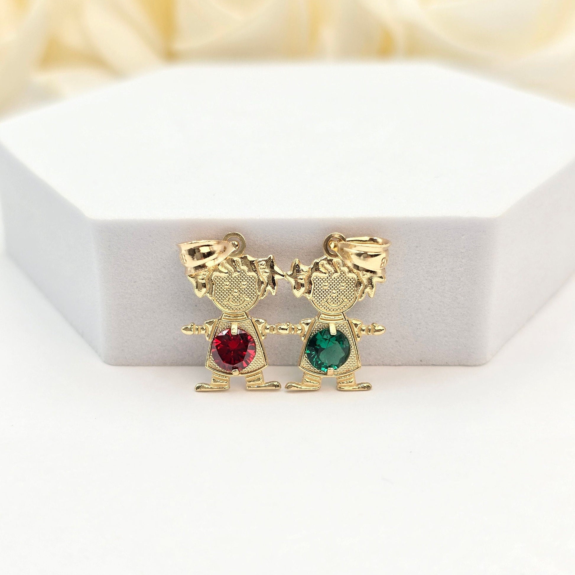 Solid 14k Gold Birthstone Boy & Girl pendants - Holding Hands - Up to 3 Pendants