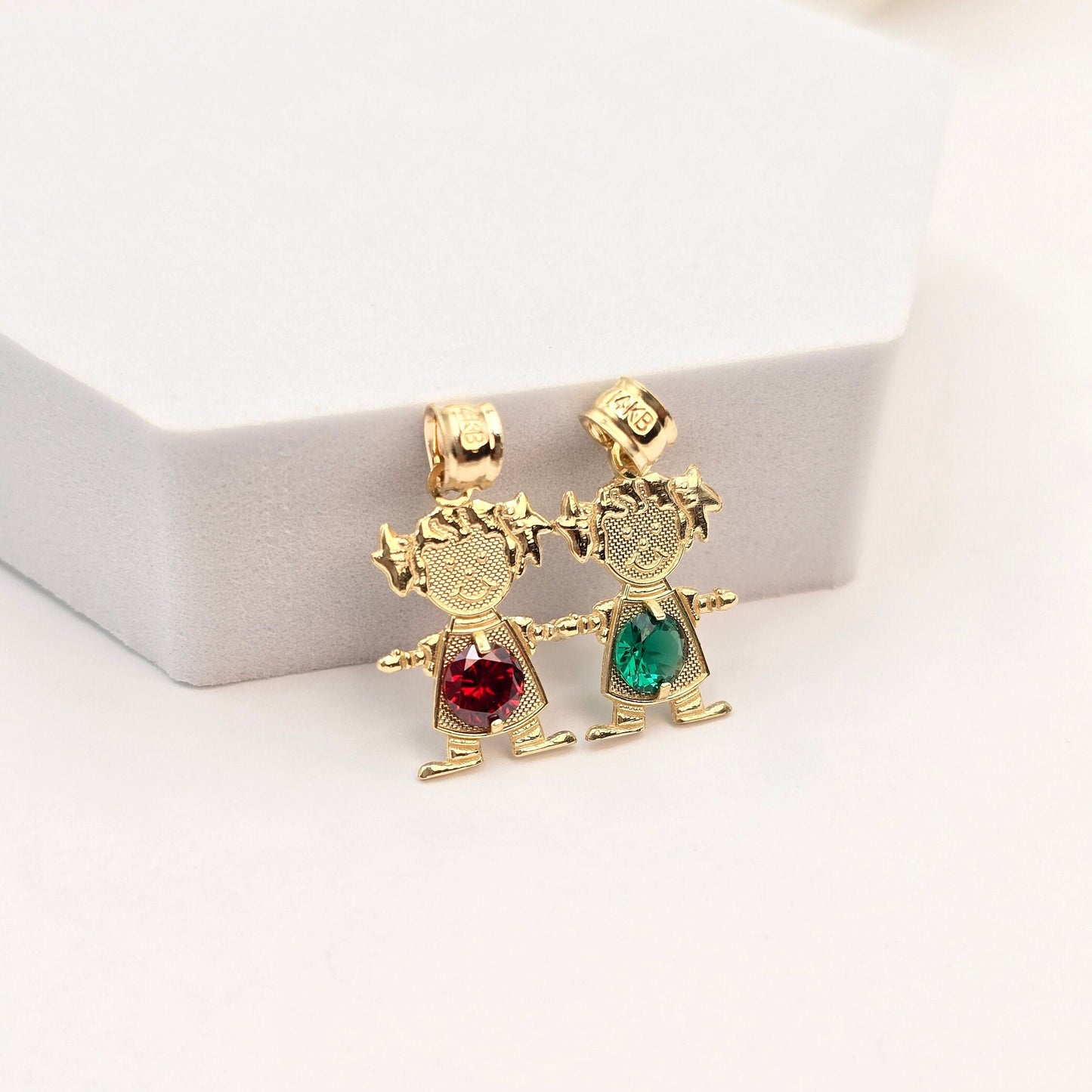 Solid 14k Gold Birthstone Boy & Girl pendants - Holding Hands - Up to 3 Pendants