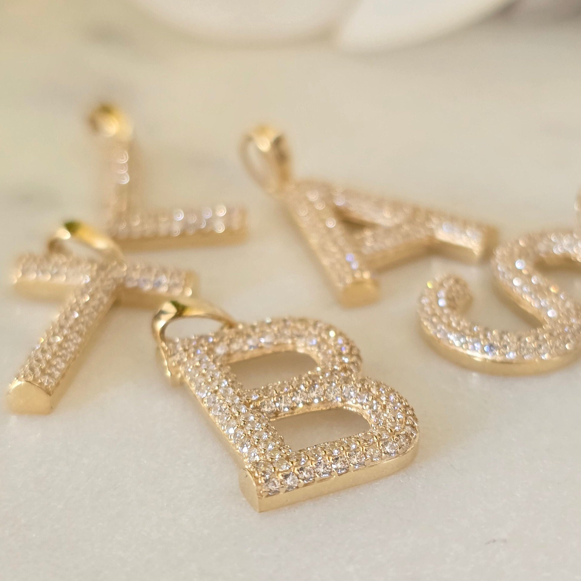 Solid 14k Shiny Pave Initials - A to Z - Perfect Gift - Unisex - Medium sized - Gift For Her/Him