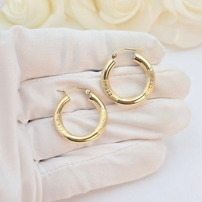 14k Gold Half Diamond Cut Half Polished Thick Hoop Earrings - 24mm, 35mm, 45mm, - Gift For Her - Genuine Gold