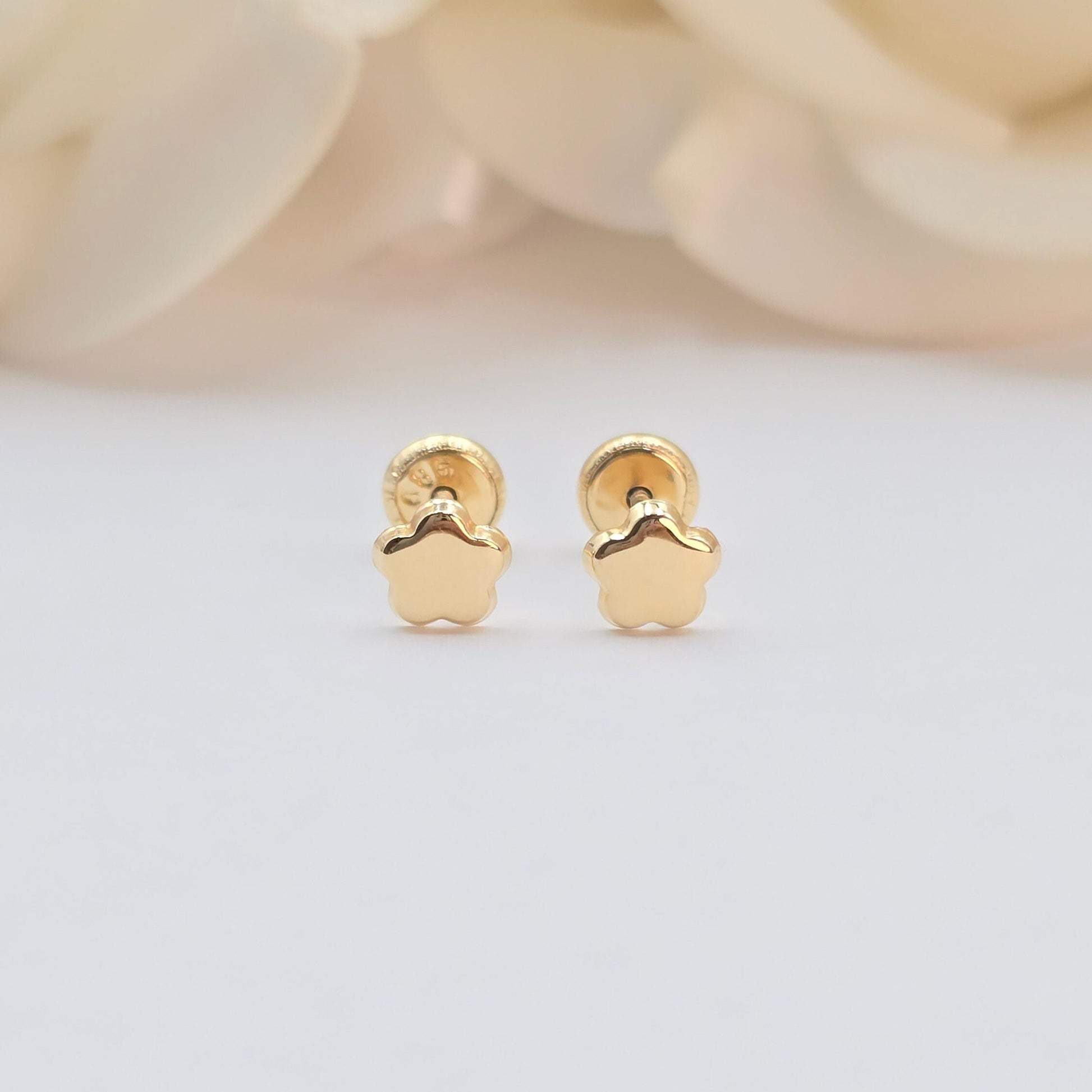 14k Gold Polished Flower Stud Earrings - Spanish Backings - 5mm Flower- For Babies- For Her