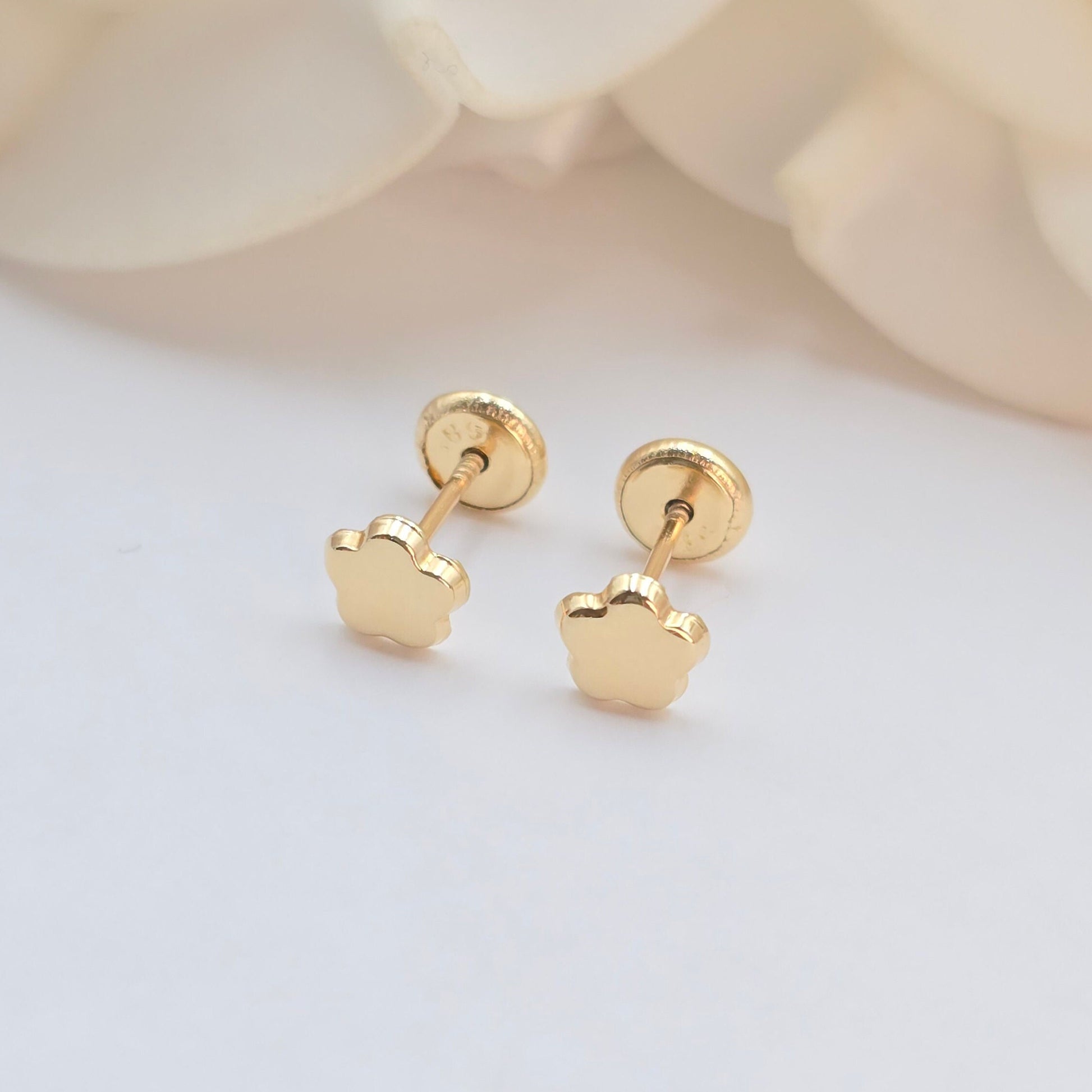 14k Gold Polished Flower Stud Earrings - Spanish Backings - 5mm Flower- For Babies- For Her