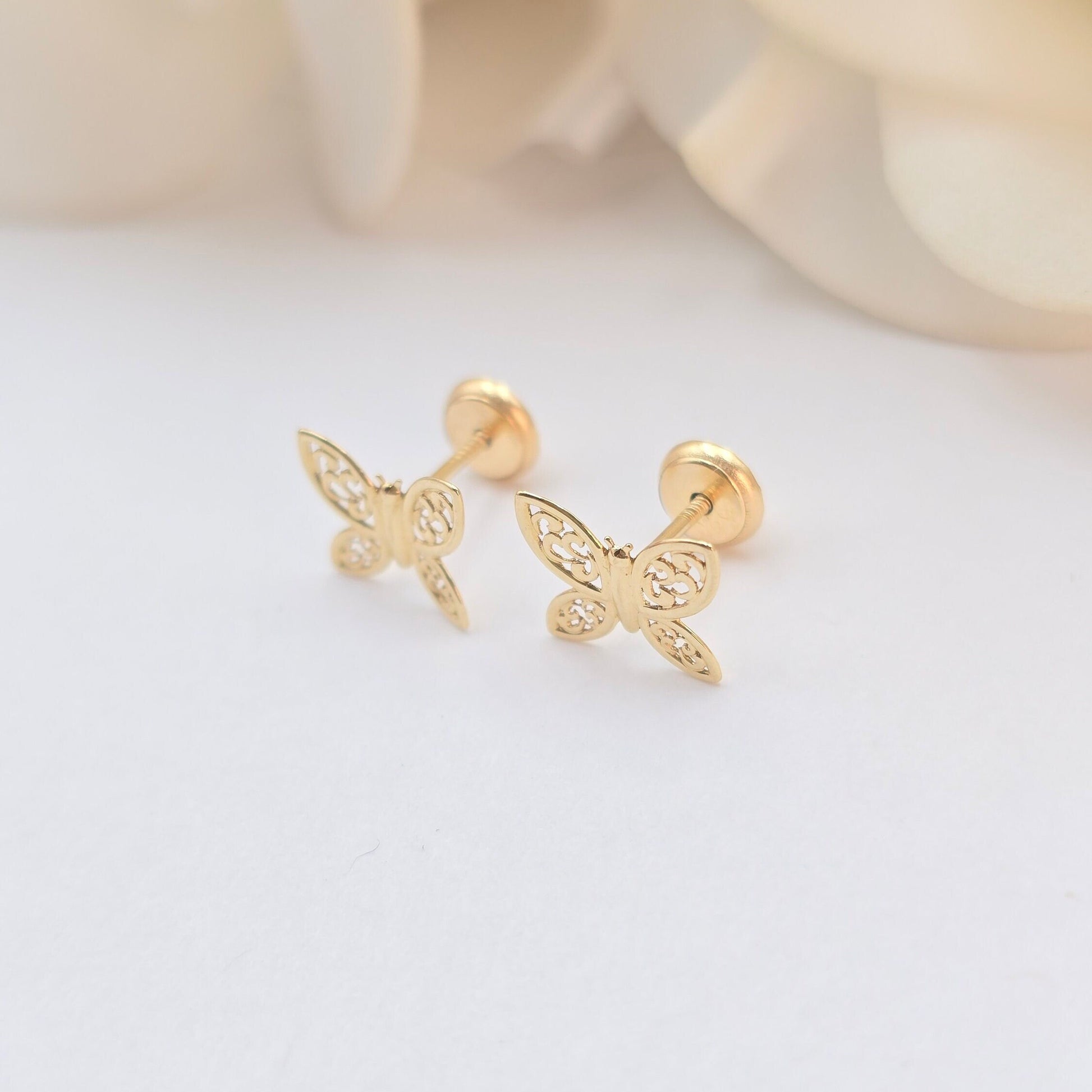 14k Gold Detailed Butterfly Stud Earrings - Spanish Backings - 9mm Butterfly - For Her