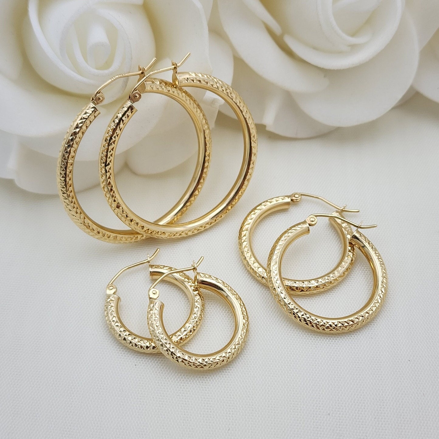 Real 14k Gold Fully Diamond Cut 3mm Thick Hoop Earrings - 35MM - 25MM - 20MM- Sparkling - Fine Jewelry For Her - Perfect Gift