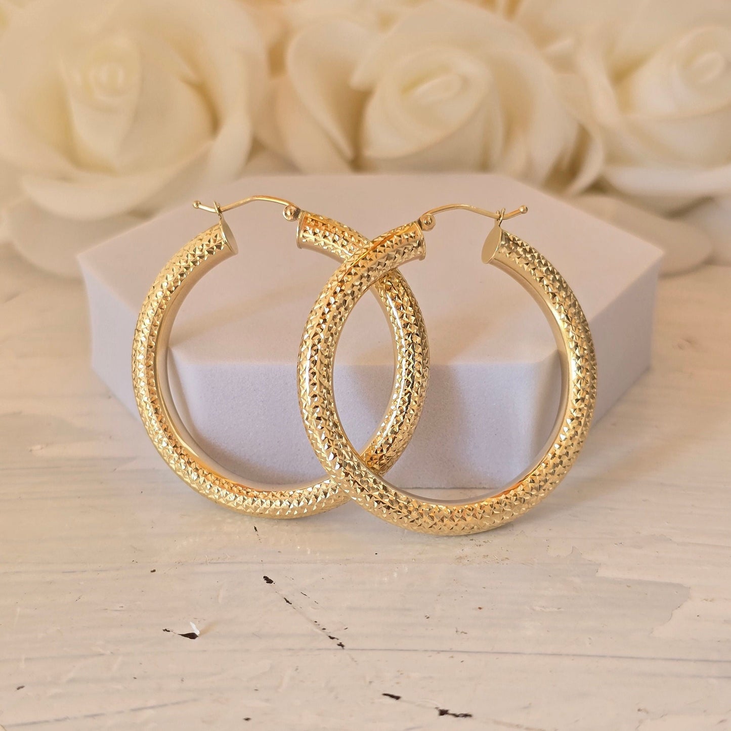 Chunky 14k Gold Fully Diamond Cut 4.8MM Thick Hoop Earrings - 22MM - 29MM - 40MM - - Extra Shiny - Gift For Her