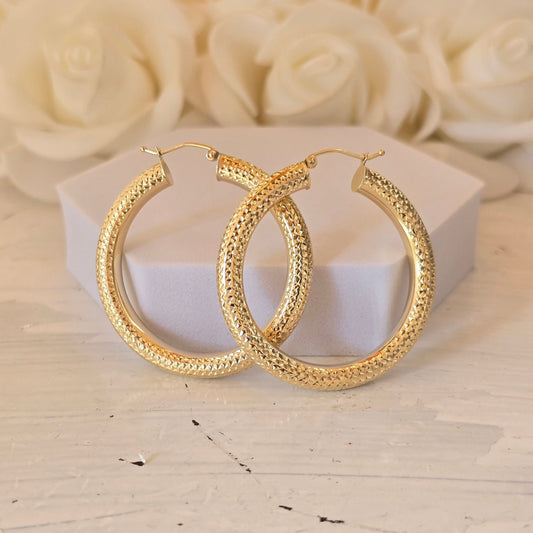 Chunky 14k Gold Fully Diamond Cut 4.8MM Thick Hoop Earrings - 22MM - 29MM - 40MM - - Extra Shiny - Gift For Her