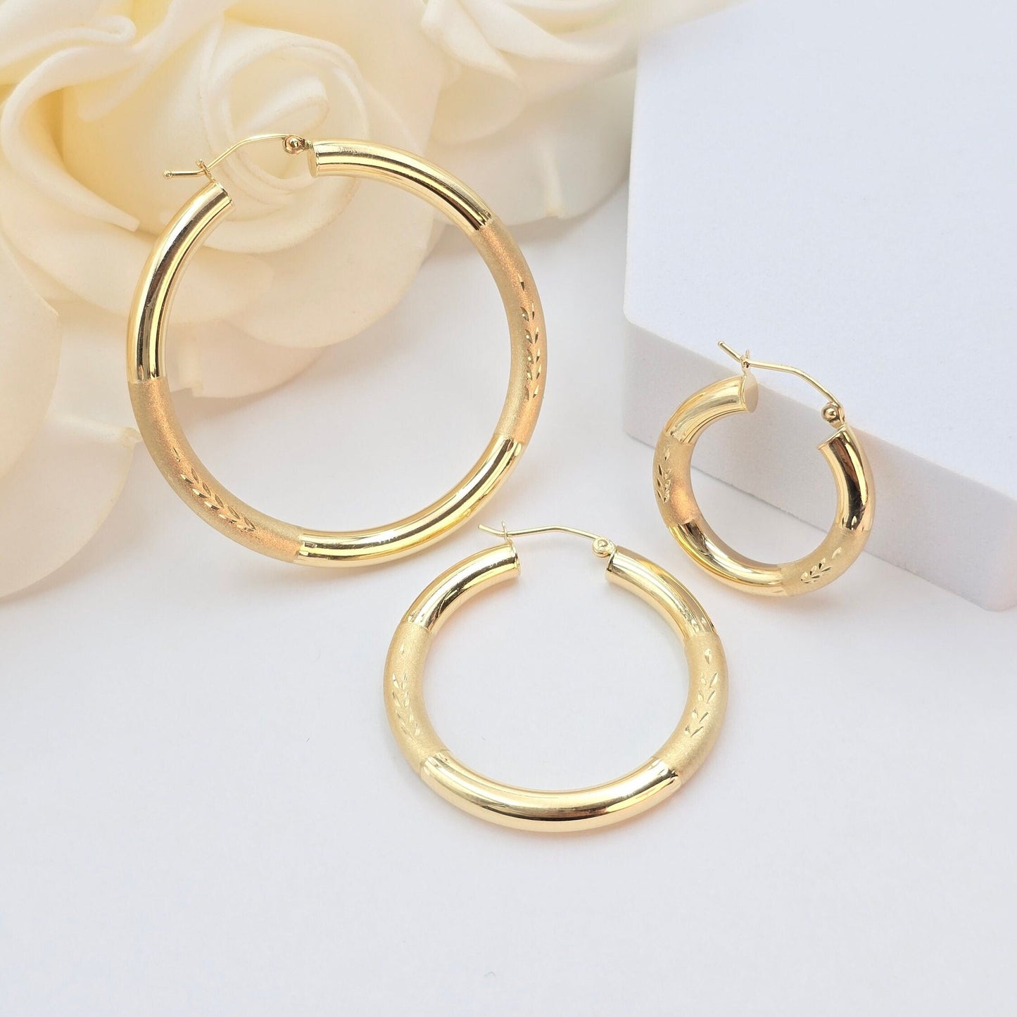 14k Gold Half Diamond Cut Half Polished Thick Hoop Earrings - 24mm, 35mm, 45mm, - Gift For Her - Genuine Gold