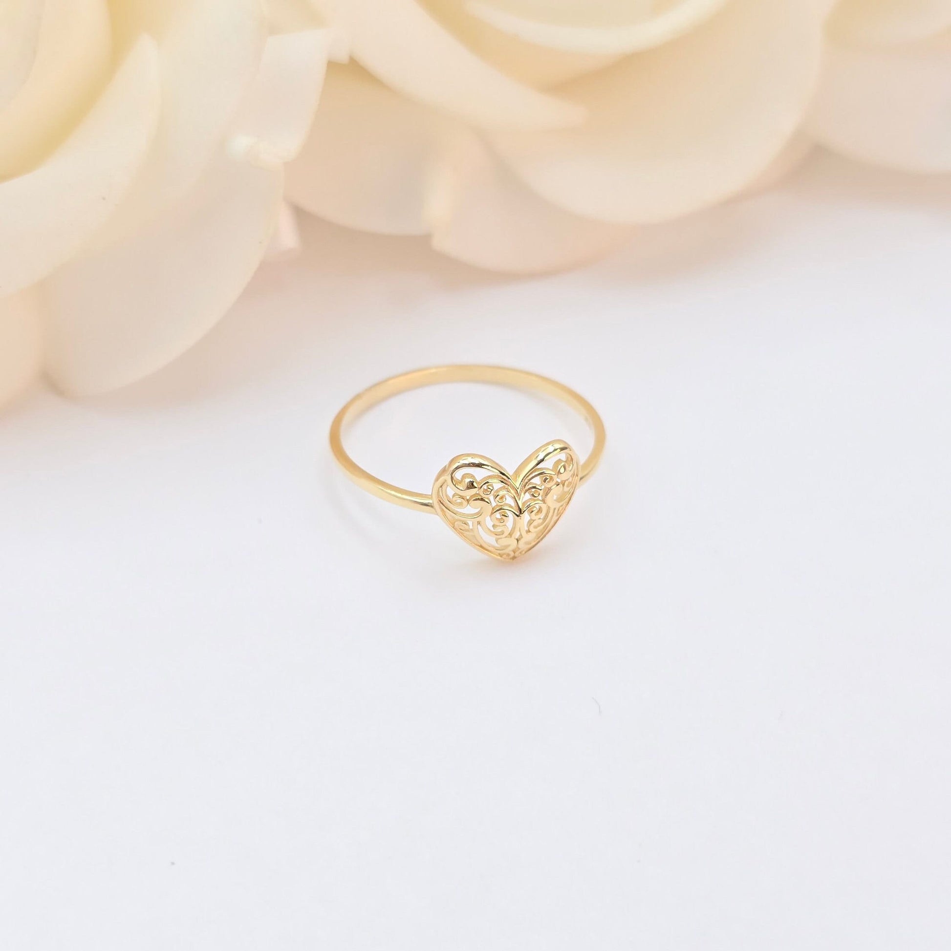 14k Gold Filigree Heart Ring - For Her - Perfect Gift - Statement Ring - Genuine Gold