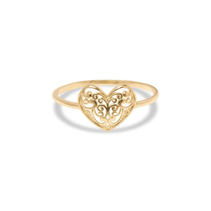 14k Gold Filigree Heart Ring - For Her - Perfect Gift - Statement Ring - Genuine Gold