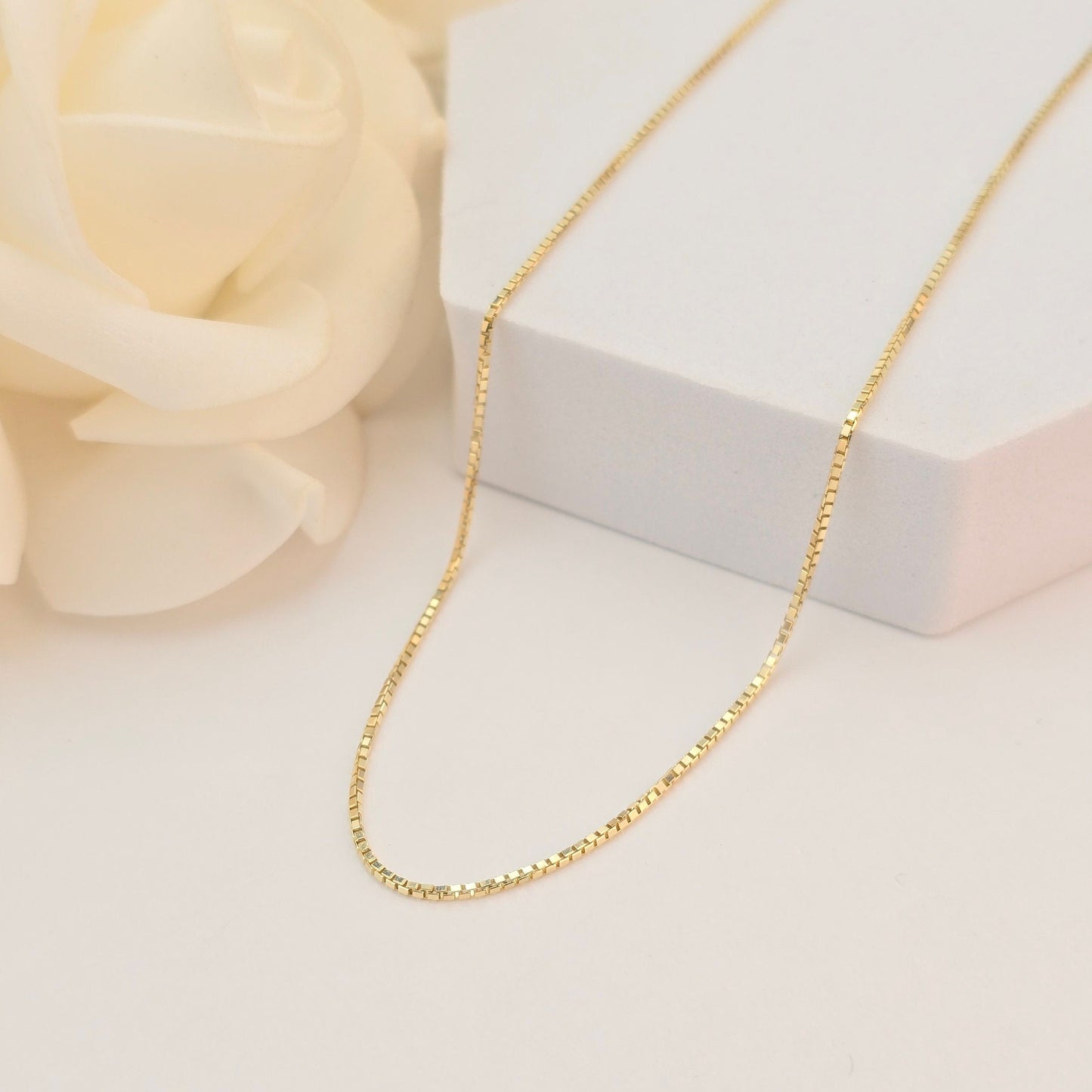 Solid 14k Gold Box Chain - 1MM Thick - Shiny Chains - Unisex - Dainty Necklace