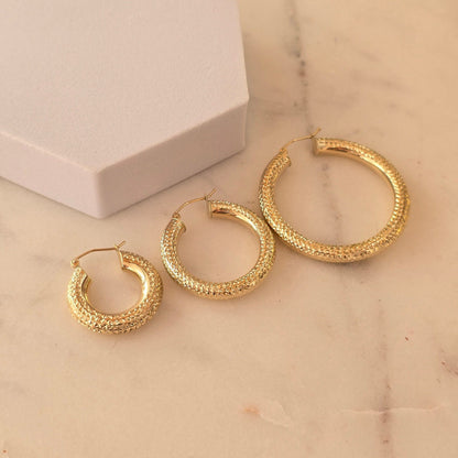 Chunky 14k Gold Fully Diamond Cut 4.8MM Thick Hoop Earrings - 22MM - 29MM - 40MM - - Extra Shiny - Gift For Her