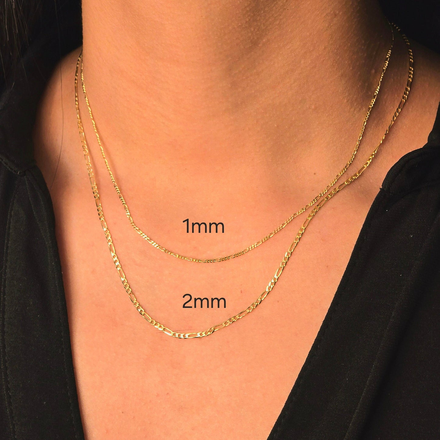 Solid 14k Gold Close Link Figaro Chains - 1MM, 2MM, 3MM, 3.9MM, 4.6MM - For Her - For Him - Real Gold