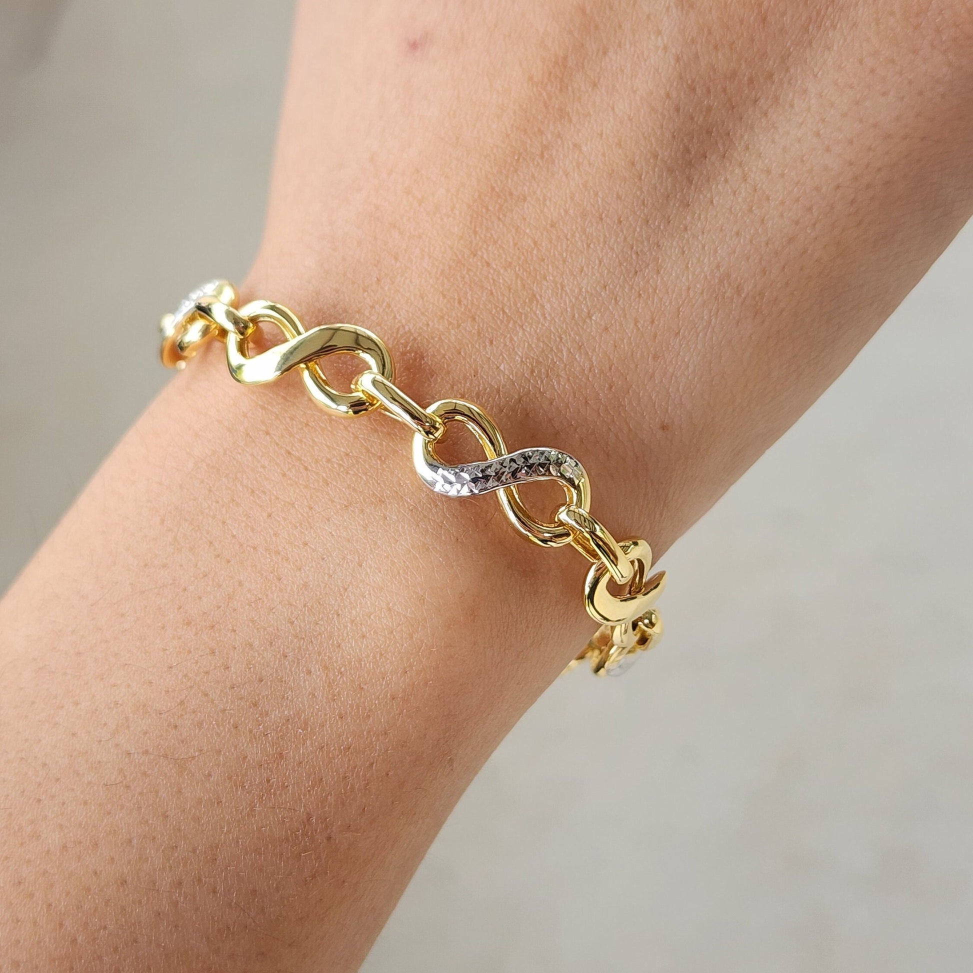 Real 14k Gold Thick Infinity Bracelet - 2 Tones Gold - Fine Jewelry - Perfect Gift For Her