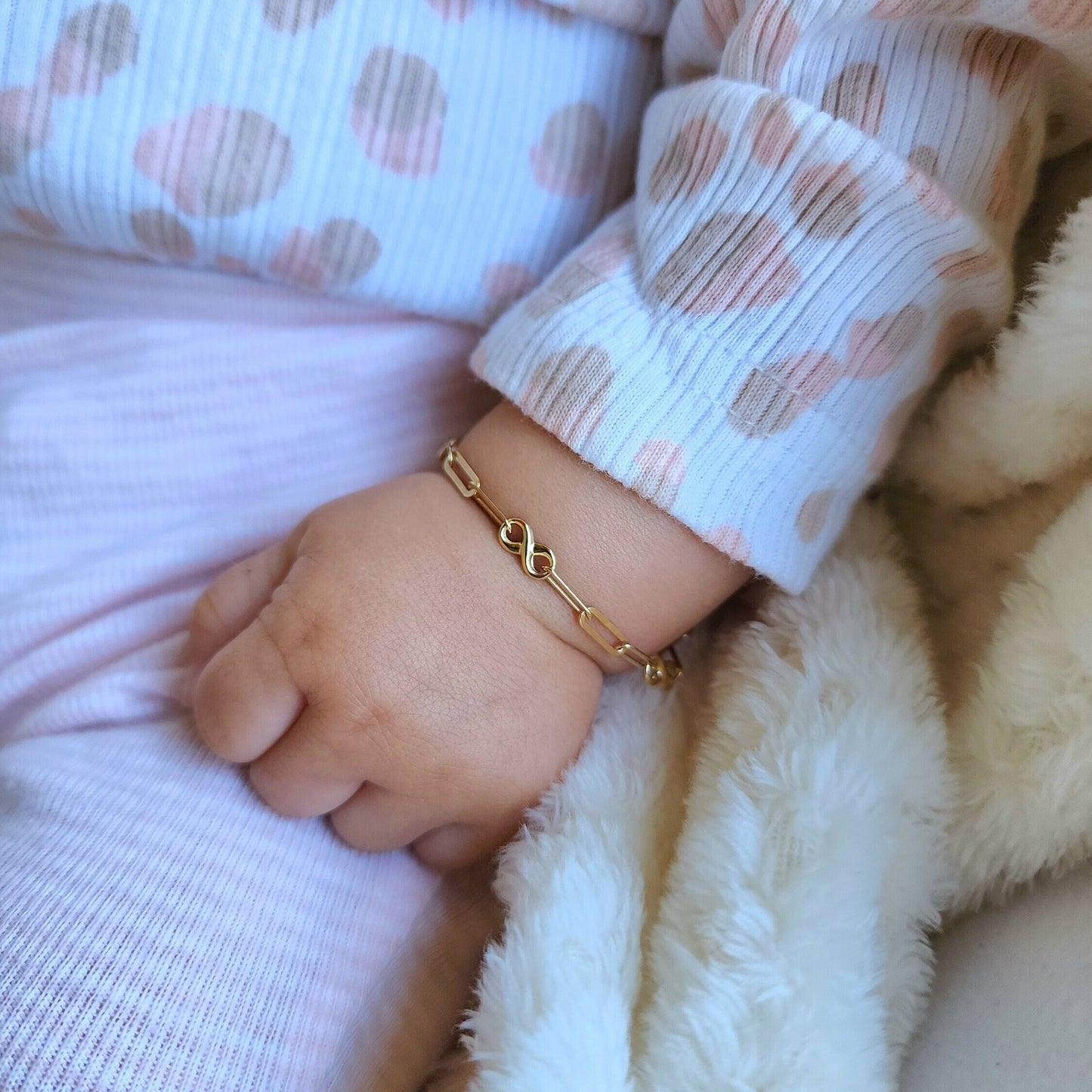 Solid 14k Gold Infinite Paperclip Bracelet - For Girls & Babies - Adjustable - Perfect Gift