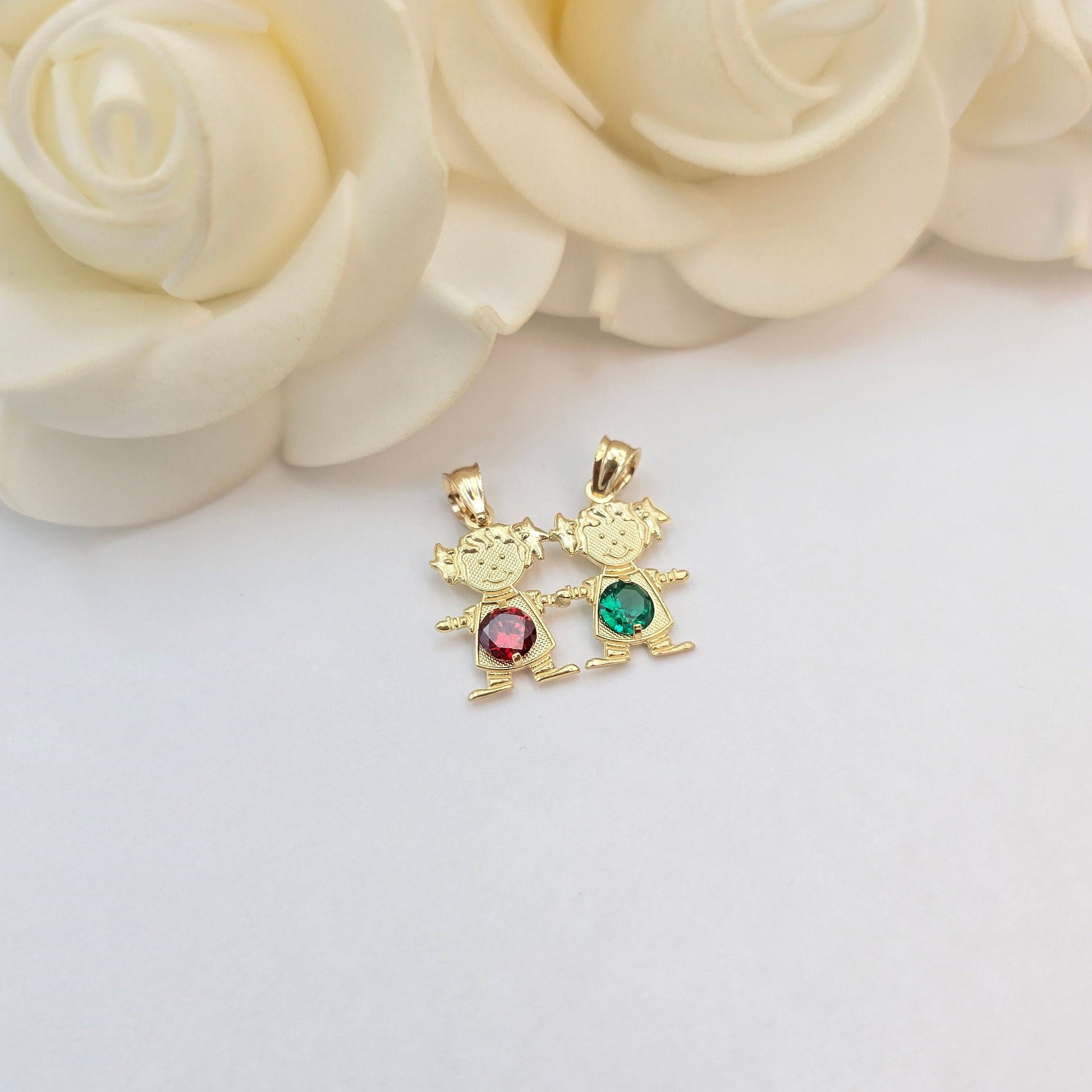 Solid 14k Gold Birthstone Boy & Girl pendants - Holding Hands - Up to 3 Pendants