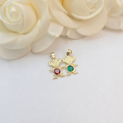 Solid 14k Gold Birthstone Boy & Girl pendants - Holding Hands - Up to 3 Pendants