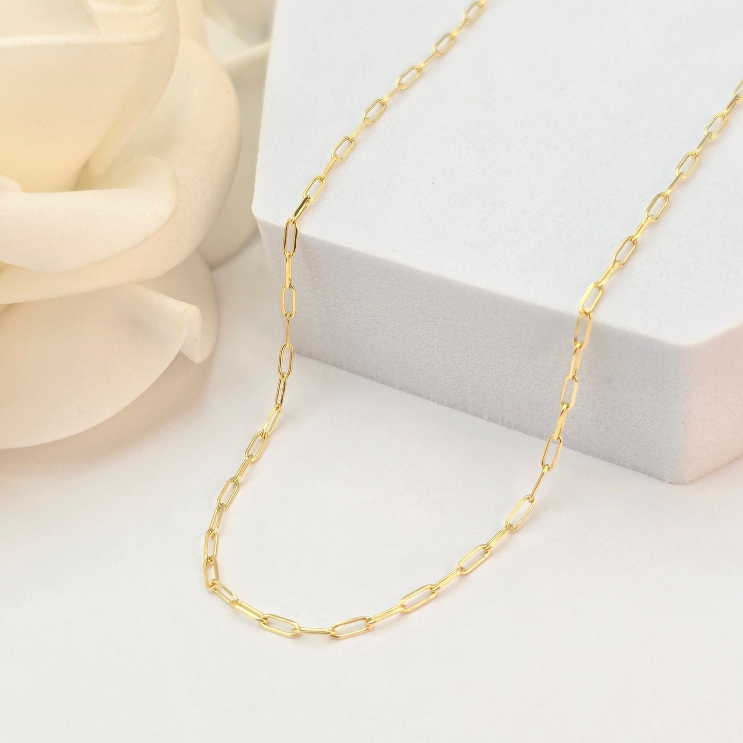 Solid 14k Dainty Paperclip Chain Necklace - Charm Necklace - For Her - Shiny & Versatile