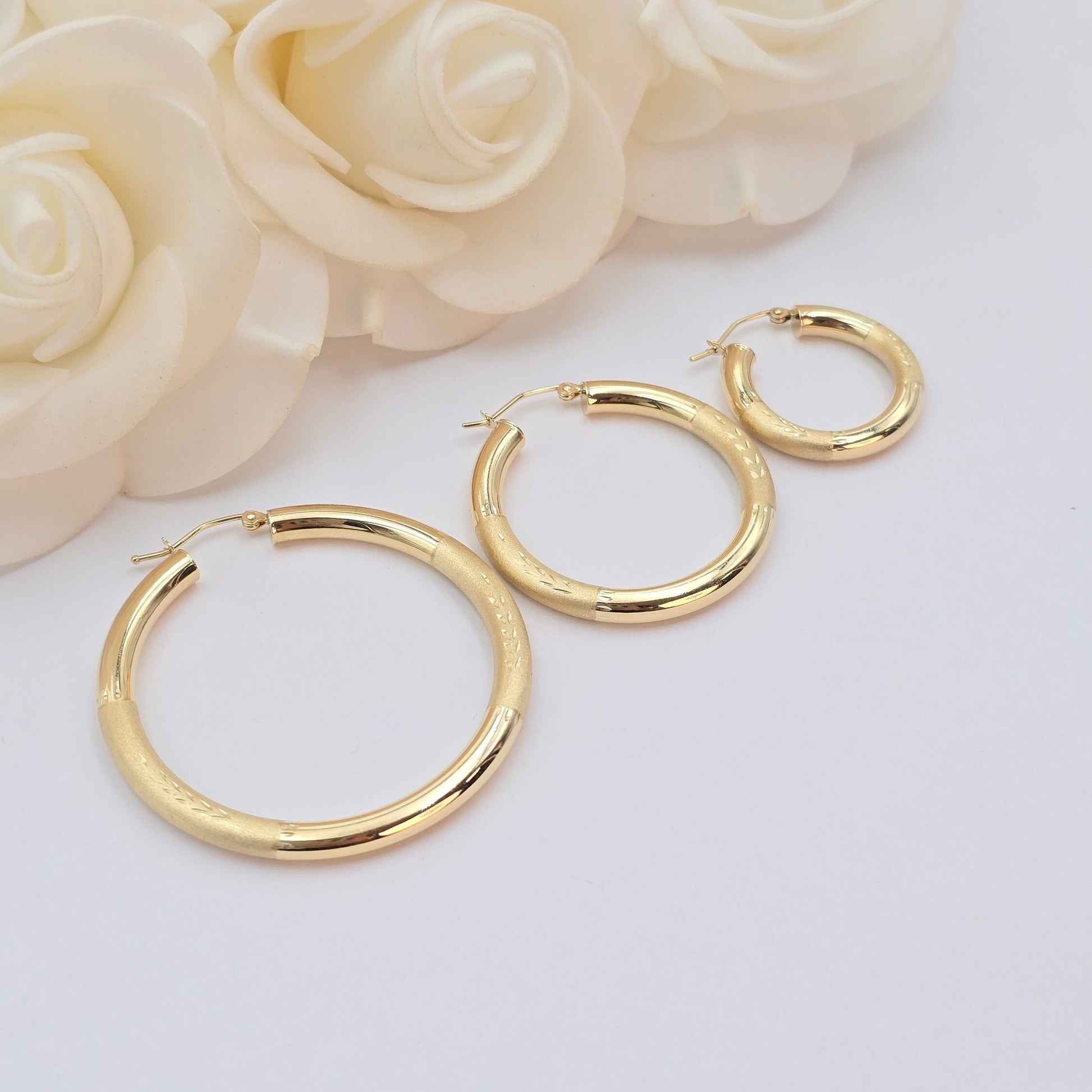 14k Gold Half Diamond Cut Half Polished Thick Hoop Earrings - 24mm, 35mm, 45mm, - Gift For Her - Genuine Gold