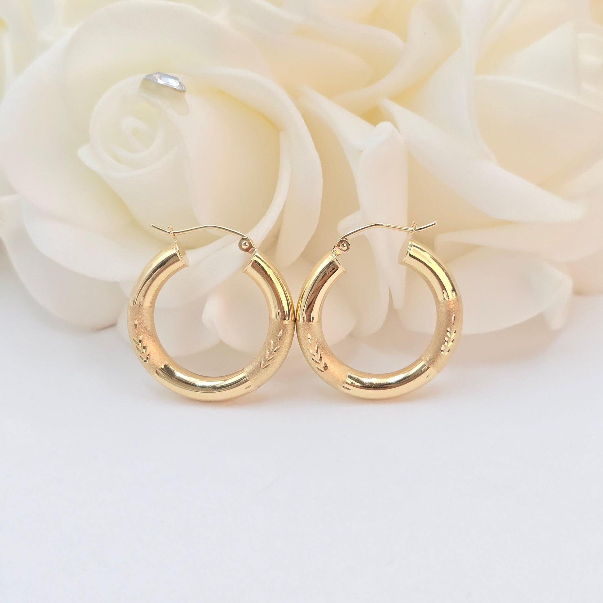 14k Gold Half Diamond Cut Half Polished Thick Hoop Earrings - 24mm, 35mm, 45mm, - Gift For Her - Genuine Gold