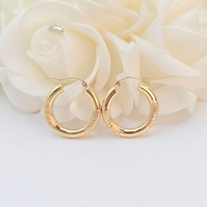 14k Gold Half Diamond Cut Half Polished Thick Hoop Earrings - 24mm, 35mm, 45mm, - Gift For Her - Genuine Gold