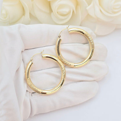 14k Gold Half Diamond Cut Half Polished Thick Hoop Earrings - 24mm, 35mm, 45mm, - Gift For Her - Genuine Gold