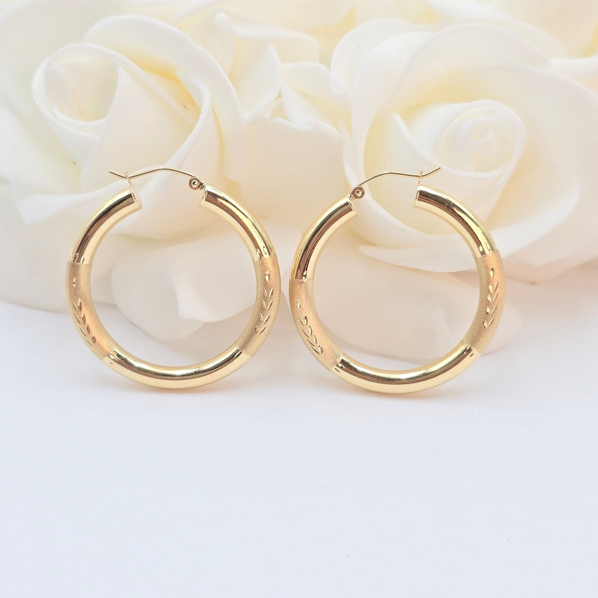 14k Gold Half Diamond Cut Half Polished Thick Hoop Earrings - 24mm, 35mm, 45mm, - Gift For Her - Genuine Gold